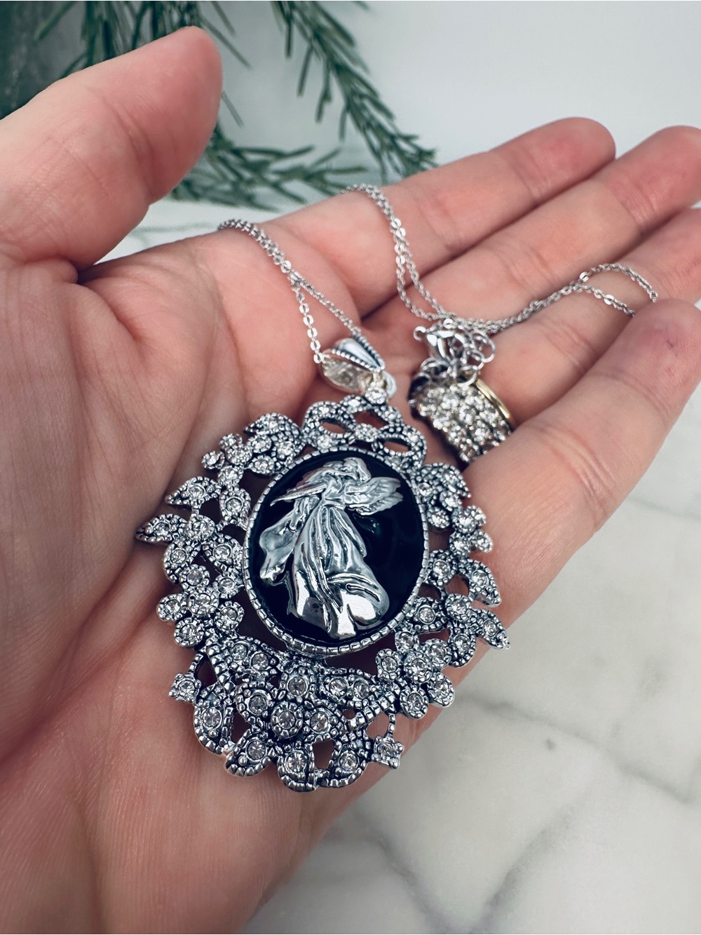 JTV Guardian Angel Necklace Black Enamel Pendant Silver Tone Rhinestones Titanic - Picture 3 of 10